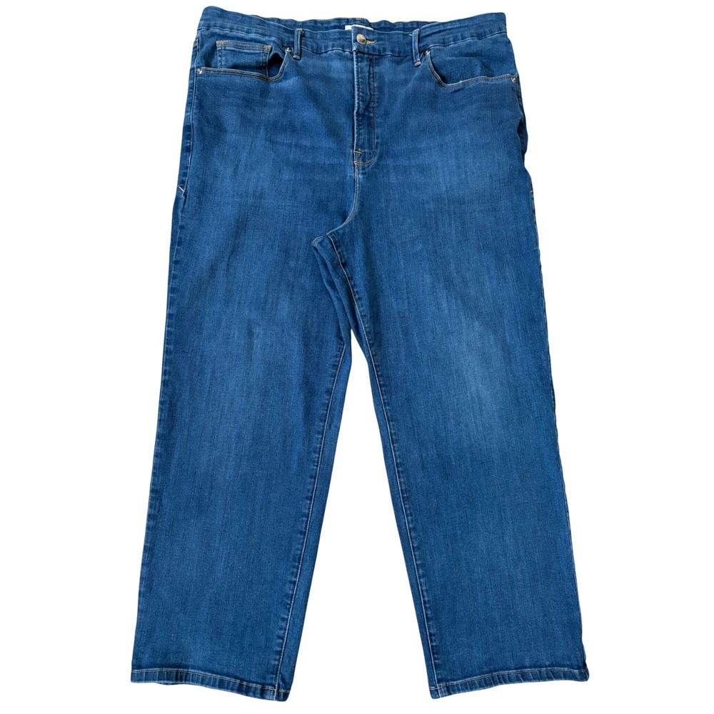 Good American High Rise Straight Leg Jeans Medium Dark Wash Clean Hem Size 24